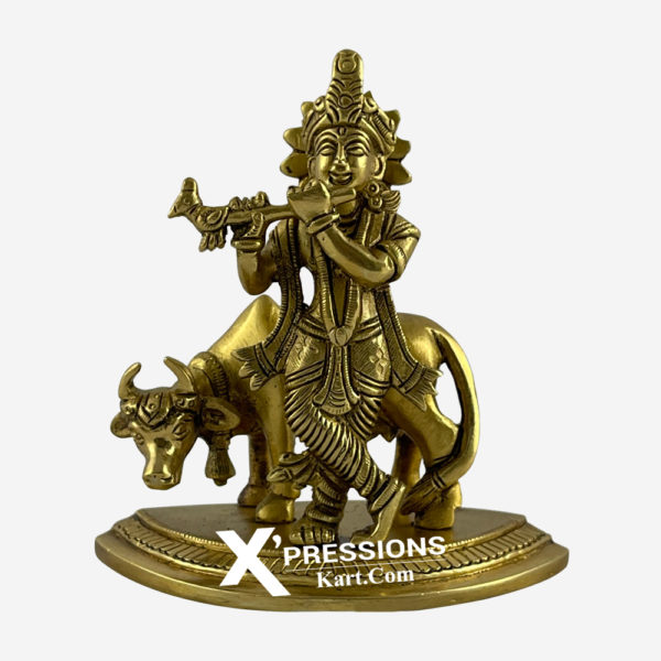 Superfine Brass Standing Krishna With Cow On Aasan