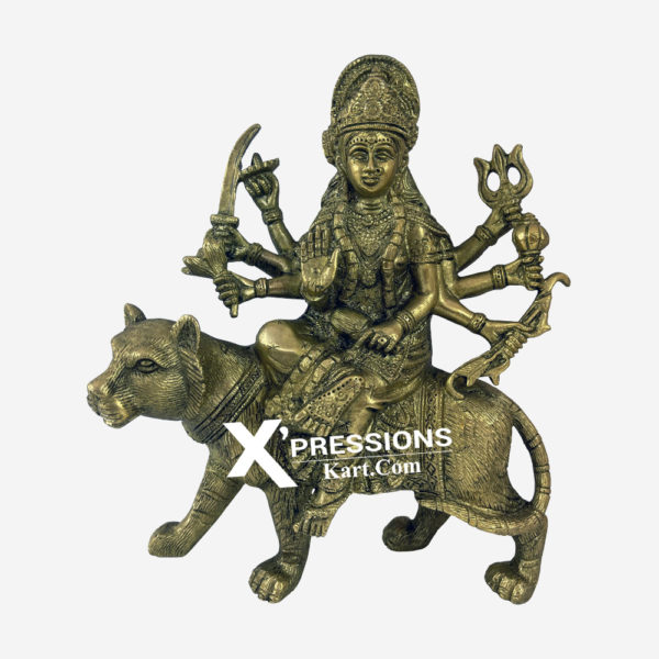 Brass Superfine Durga Sitting On Lion With Beautiful Carving 8 Inches