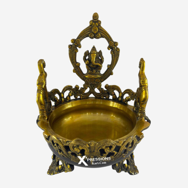 Brass Superfine Ganesh ji Urli With Elephants on Corner With Superfine Carving In Dual Polish 12 Inches